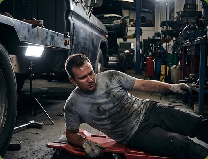 Mechanic lying on a creeper in a garage after a fall
