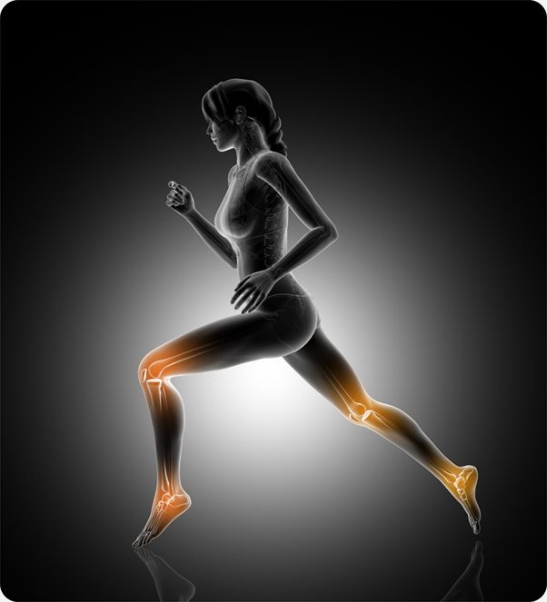 Illustration of a runner with the knee, hip and ankle joints highlighted