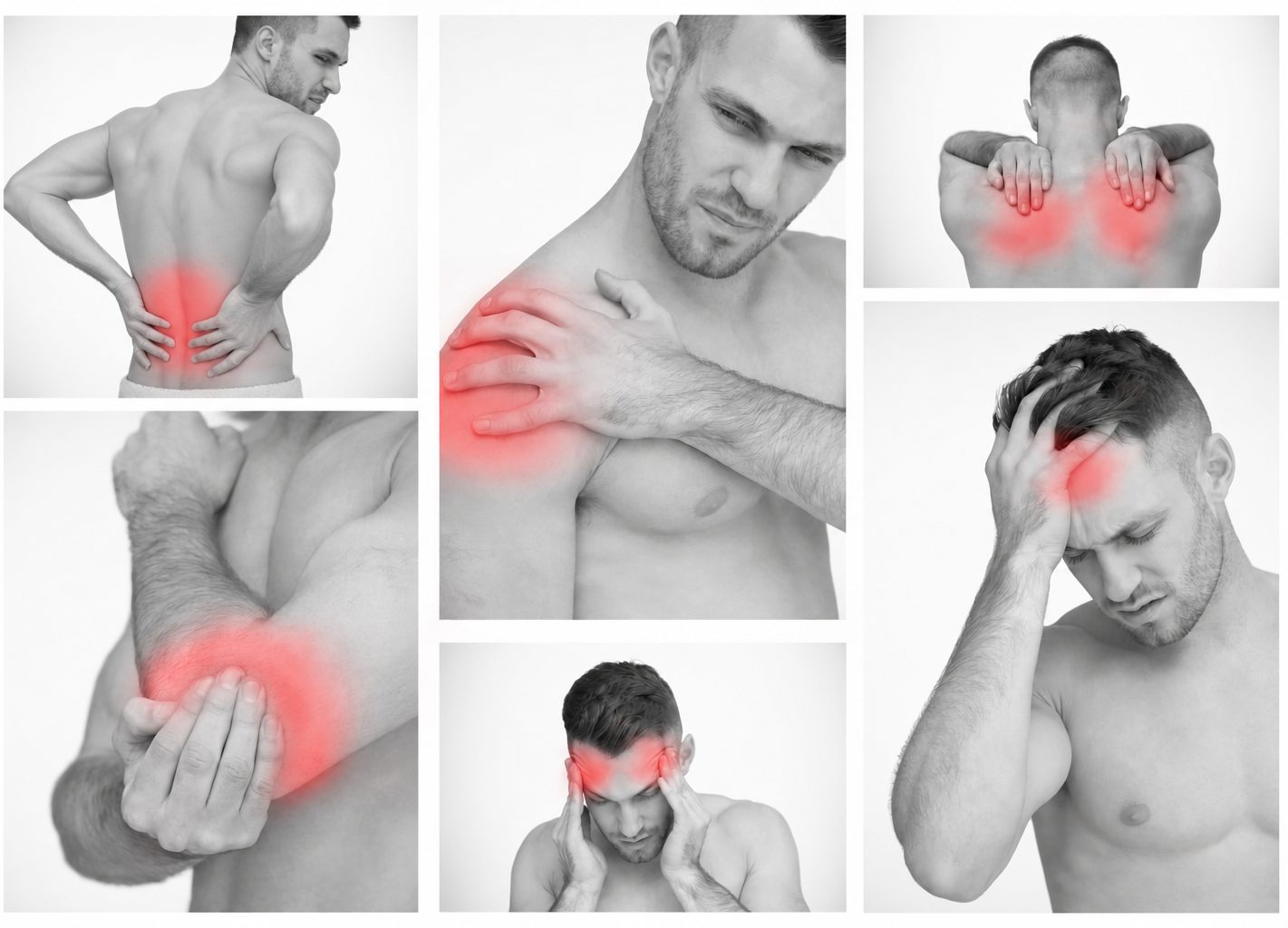 Collage of a man showing pain in his lower back, shoulder, upper back, elbow, head and neck